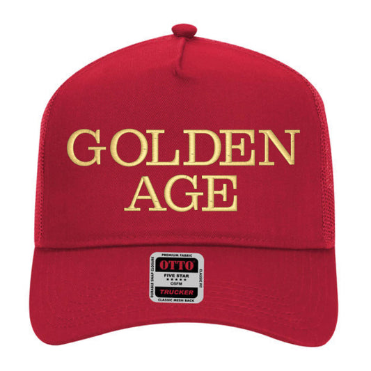GOLDEN AGE Metallic Gold Embroidered Otto Cap Trucker Mesh Back Mid Profile Embroidered
