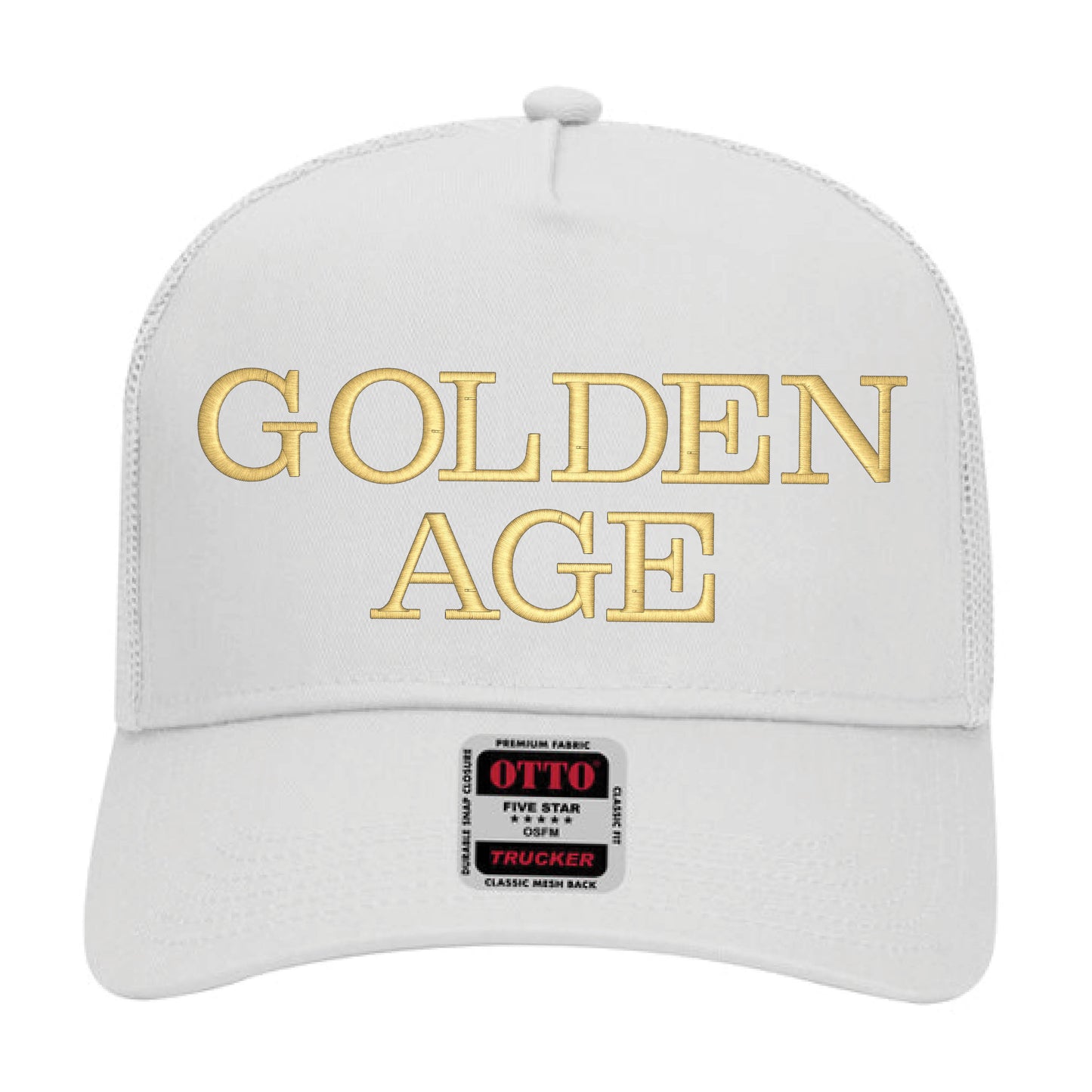 GOLDEN AGE Metallic Gold Embroidered Otto Cap Trucker Mesh Back Mid Profile Embroidered