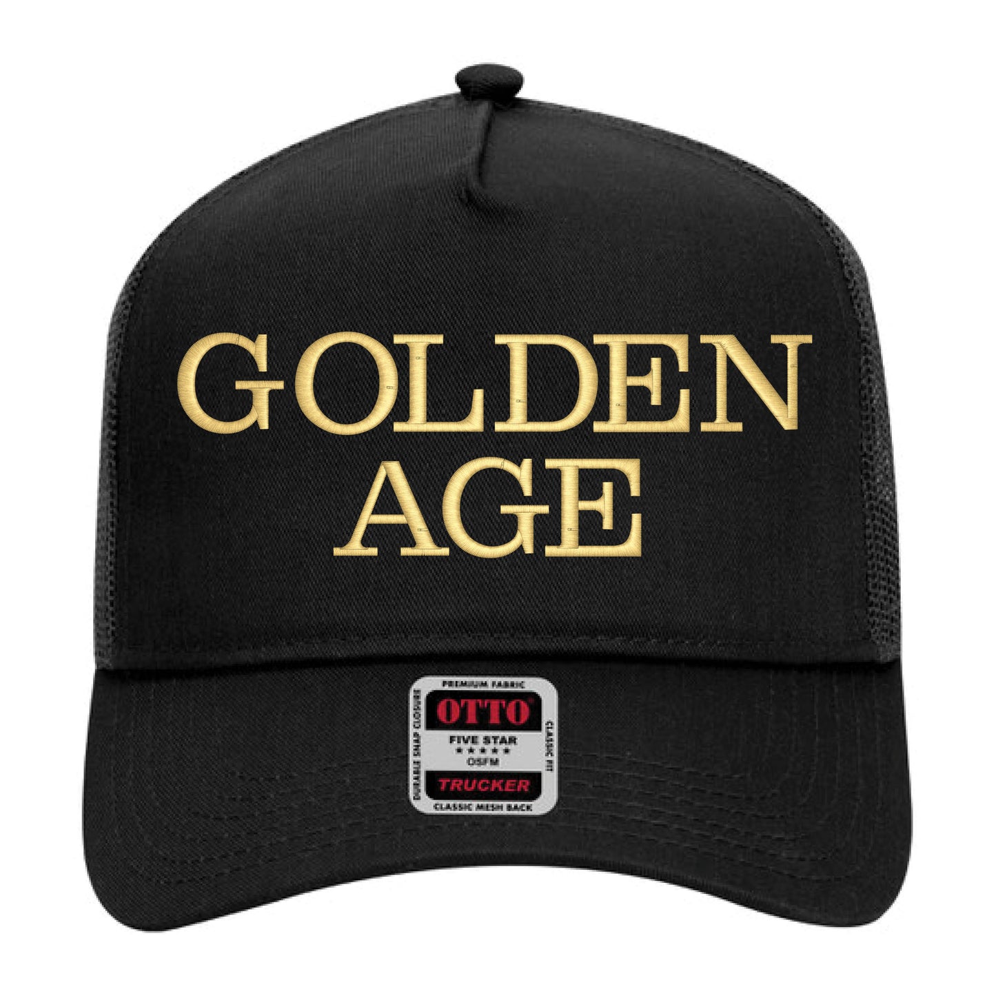 GOLDEN AGE Metallic Gold Embroidered Otto Cap Trucker Mesh Back Mid Profile Embroidered